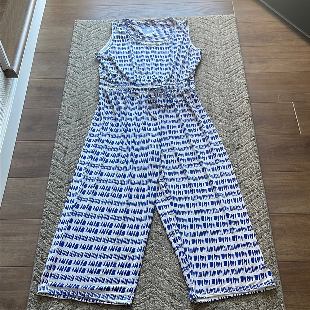 Blue and White Jumpsuit with Wide-Leg Pants